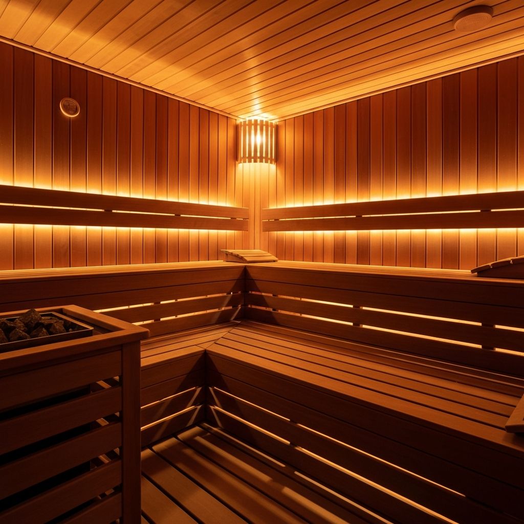 Modern home sauna interior with warm lighting